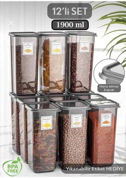 Liya 12'li Jumbo Boy Etiketli Kapaklı Kare Erzak Saklama Kabı Antrasit 12 x 1.90 Lt Bakliyat Kabı