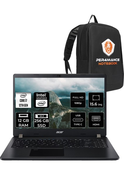 Travelmate P2 Intel Core I7 1255U 12GB 256GB SSD 15.6'' Fhd Fdos Taşınabilir Bilgisayar & Per4 Çanta NXVVREY001P306