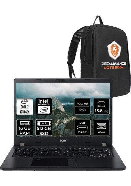 Travelmate P2 Intel Core I7 1255U 16GB 512GB SSD 15.6'' Fhd Fdos Taşınabilir Bilgisayar & Per4 Çanta NXVVREY001P312