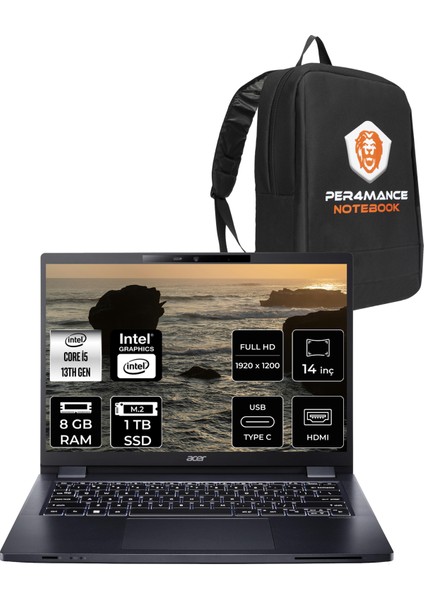 Travelmate P4 Intel Core I5 1335U 8gb 1tb SSD 14'' Fhd+ Fdos Taşınabilir Bilgisayar & Per4 Çanta NXVZTEY002P303