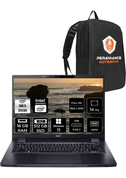 Travelmate P4 Intel Core I5 1335U 16GB 512GB SSD 14'' Fhd+ W11H Taşınabilir Bilgisayar & Per4 Çanta NXVZTEY002P362