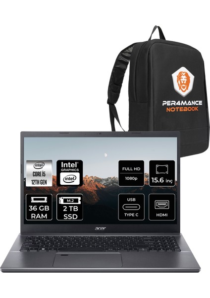 Aspire 5 Intel Core I5 12450H 36GB 2tb SSD 15.6'' Fhd Fdos Taşınabilir Bilgisayar & Per4 Çanta NXKN4EY003P334