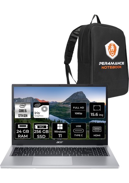 Aspire 3 Intel Core I5 1235U 24GB 256GB SSD 15.6'' Fhd W11P Taşınabilir Bilgisayar & Per4 Çanta NXK6SEY002P371
