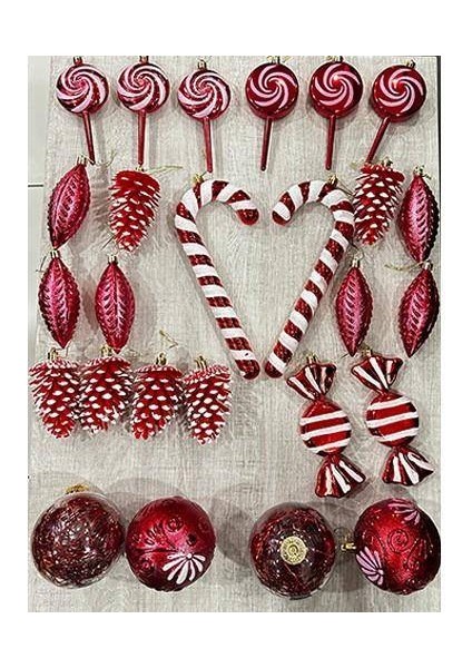 Kırmızı Yılbaşı Süsleri 26'lı Set