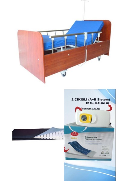 2 Motorlu Ahşap Hasta Karyolası + Lazer Kesim Yatak+ 2 Çıkışlı A+B Sistemli 12 Cm Boru Tipi Havalı Yatak Takım