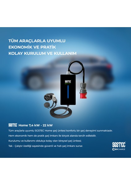 Home 22kW 5Metre Kablolu Taşınabilir Elektrikli Araç Şarj Cihazı fırsatları