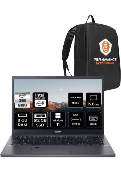 Aspire 5 Intel Core I5 12450H 8gb 512GB SSD 15.6'' Fhd W11H Taşınabilir Bilgisayar & Per4 Çanta NXKN4EY003P352