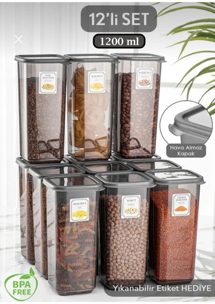 Elisa 12'li 24 Parça Etiketli Kapaklı Kare Erzak Saklama Kabı Antrasit 12 x 1.2 Lt Bakliyat Kabı