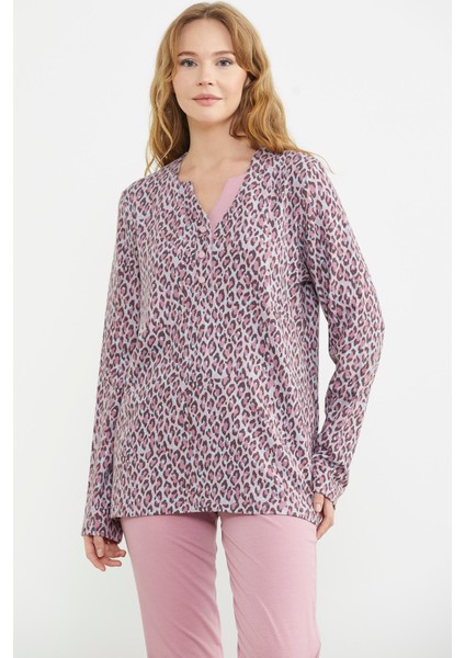 Yakası Düğmeli Leopar Kombinli Pijama Takım - Pembe indirimleri