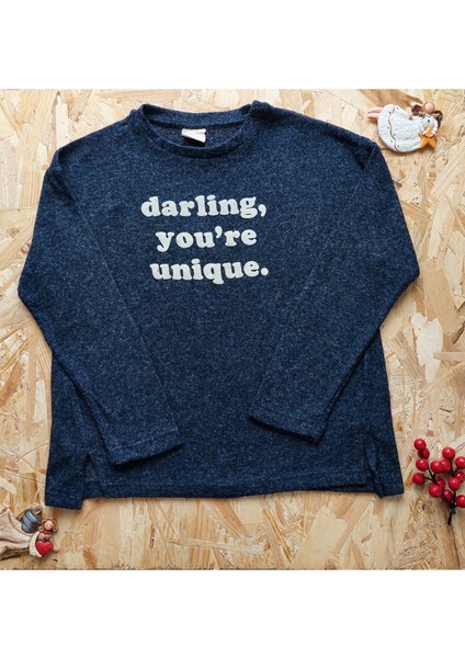 Lacivert Renkli, Slogan Baskılı, Yırtmaçlı,çocuk Yumoş Kazak