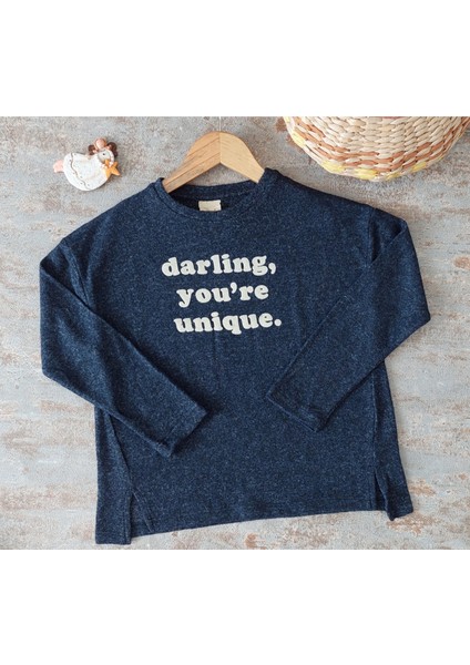 Lacivert Renkli, Slogan Baskılı, Yırtmaçlı,çocuk Yumoş Kazak modelleri