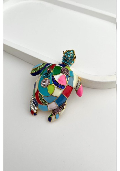 Çok Renkli Taş Detaylı Kaplumbağa Broş (5*6cm)