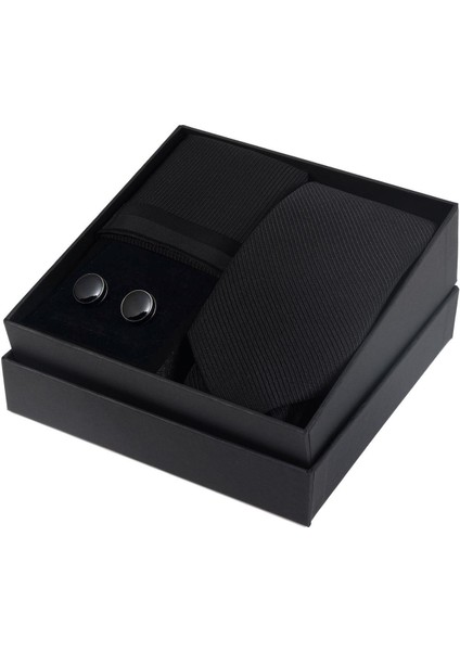7.5cm Siyah Desenli Mendilli Kravat & Siyah Kol Düğmesi Kutulu Hediye Seti