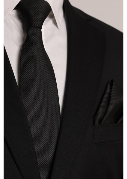 7.5cm Siyah Desenli Mendilli Kravat & Siyah Kol Düğmesi Kutulu Hediye Seti modelleri