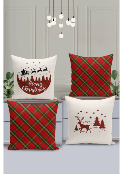4'lü Kırlent Kılıf Seti Yılbaşı Christmas Deseni Çift Taraflı Dijital Baskılı