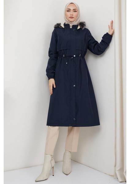 Kadın Lacivert Bondit Mont İç Kürklü ve Düğmeli Kapama Özellikli fiyatları