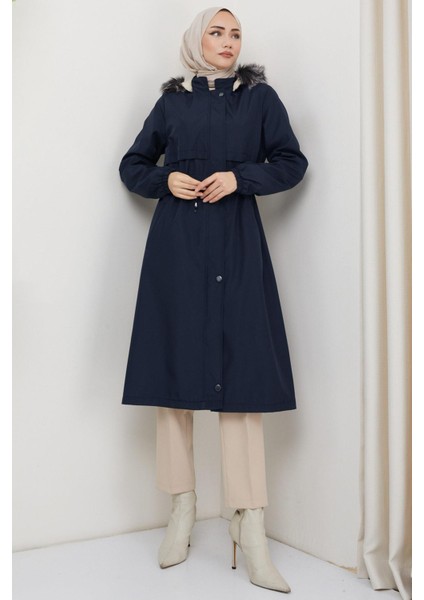 Kadın Lacivert Bondit Mont İç Kürklü ve Düğmeli Kapama Özellikli fırsatları