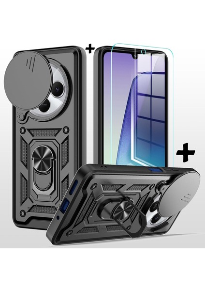 Xiaomi Redmi 14C Kılıf Kamera Korumalı Sürgülü Yüzüklü Armor Zırh Tank Kapak + 1 Adet 9h Ekran Koruyucu 1 Adet Kılıf Set
