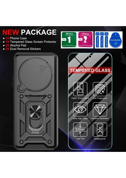 Xiaomi Redmi 14C Kılıf Kamera Korumalı Sürgülü Yüzüklü Armor Zırh Tank Kapak + 1 Adet 9h Ekran Koruyucu 1 Adet Kılıf Set