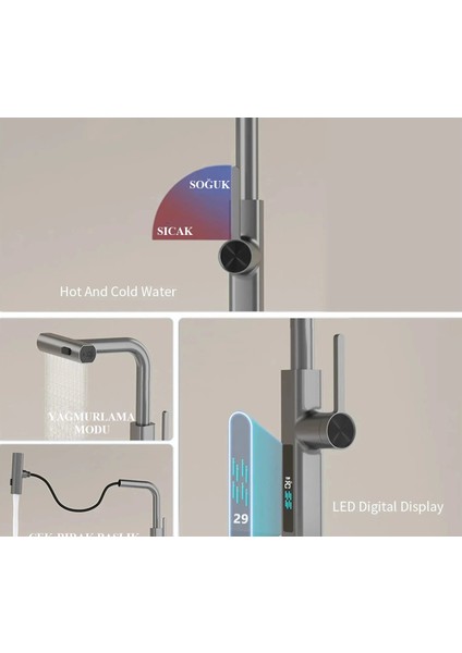 Rena Design Antrasit Çok Modlu Spiralli Mutfak Evye Bataryası - Dijital LED Ekran Fonksiyonel Çek Bırak