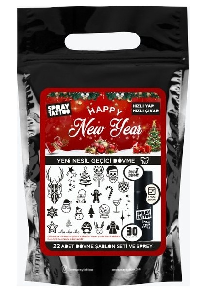 Happy New Year Pack Dövme Şablon Seti ve Siyah Sprey