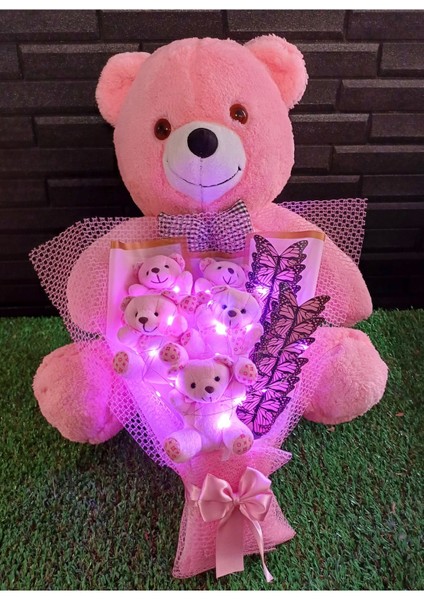 55 Cm Pembe Ayıcık ve Pembe Ayıcıklı Kelebekli Işıklı Ayıcık Buketi - Ese - Sevgiliye - Arkadasa