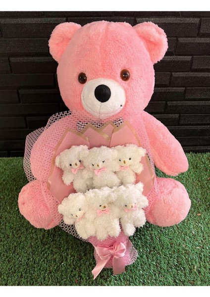 Sevgiliye Romantik Hediye 55 Cm Pembe Ayıcık ve Pembe Beyaz Ayıcık Buketi