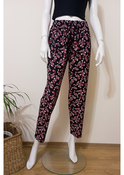 Kadın Kırmızı Çiçek Baskılı Yumuşacık Penye Pijama Altı