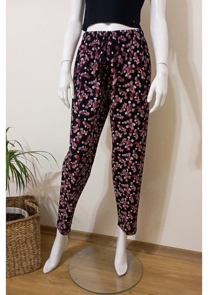 Kadın Kırmızı Çiçek Baskılı Yumuşacık Penye Pijama Altı