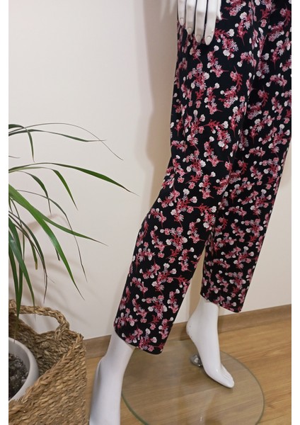 Kadın Kırmızı Çiçek Baskılı Yumuşacık Penye Pijama Altı