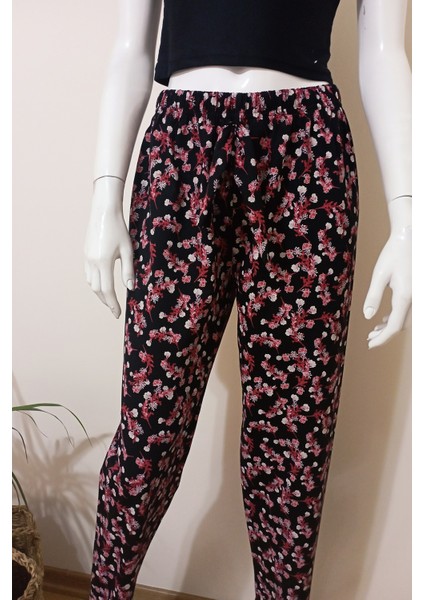 Kadın Kırmızı Çiçek Baskılı Yumuşacık Penye Pijama Altı