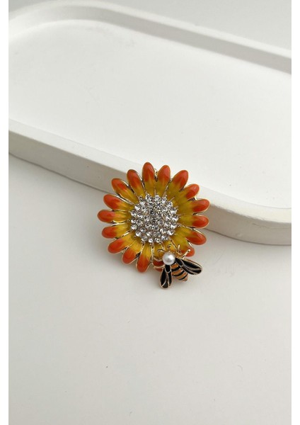 Ay Çiçeği Taşlı Arı Detaylı Broş (3cm)