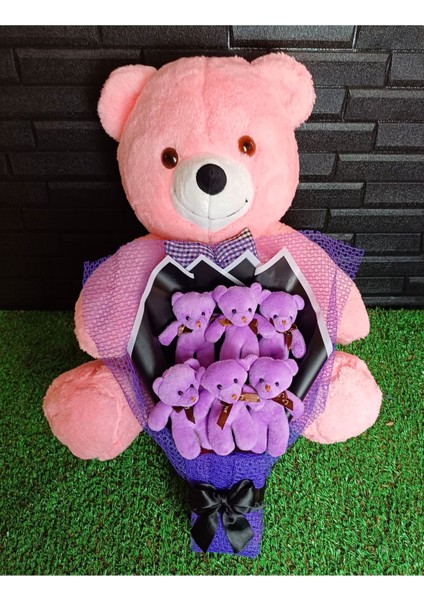 Kadına Hediye 55 Cm Pembe Ayıcık ve Mor Ayıcık Buketi
