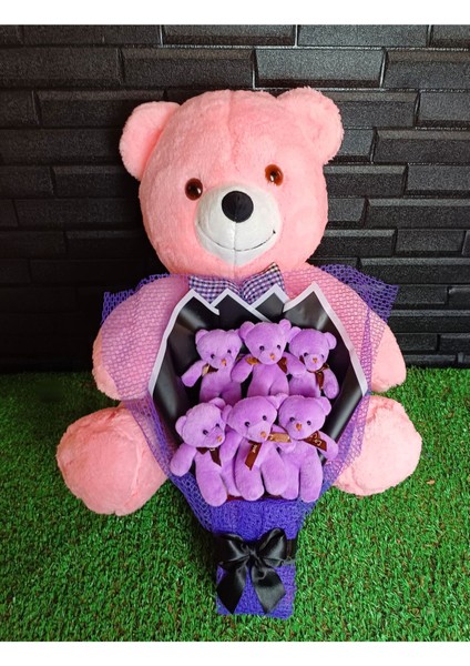 Kadına Hediye 55 Cm Pembe Ayıcık ve Mor Ayıcık Buketi fiyatları