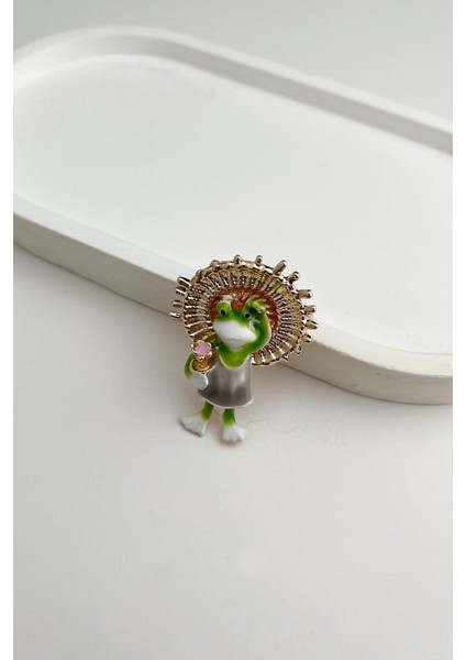Altın Rengi Şapkalı Çiçek Detaylı Kurbağa Broş (4cm) fiyatları
