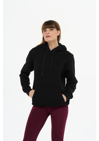 Kadın Pamuklu Içi Polarlı Kapüşonlu Siyah Sweatshirt