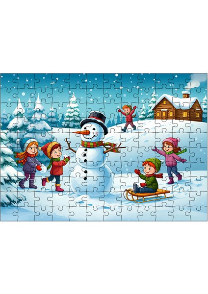 Ahşap Mdf Puzzle Yapboz Kış Eğlencesi ve Kardan Adamlar 120 Parça 25*35 cm