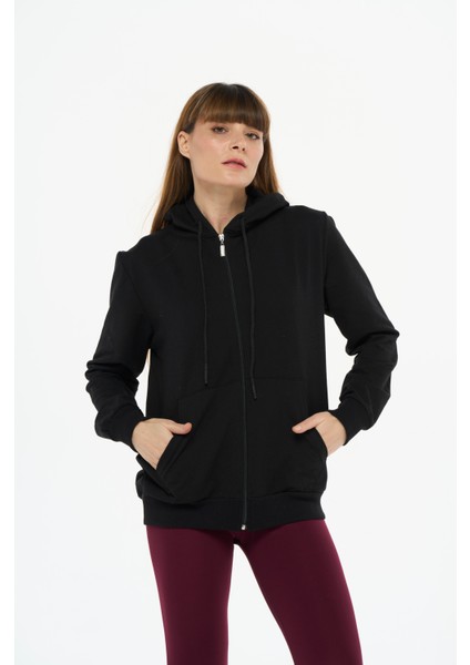 Kadın Pamuklu Kapüşonlu Fermuarlı Sweatshirt