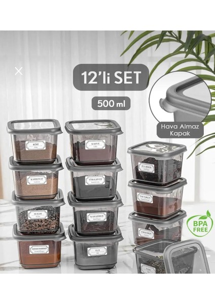 Hina 12'li Set Sızdırmaz Kapaklı Kare Erzak Saklama Kabı Antrasit 12 x 0.50 Lt Etiketli