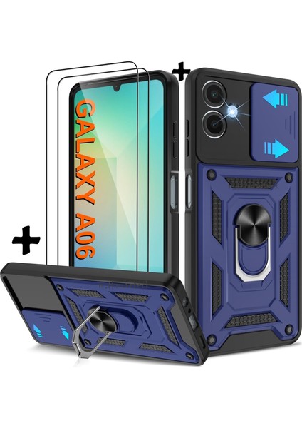 Samsung Galaxy A06 Kılıf Kamera Korumalı Sürgülü Yüzüklü Armor Military Zırh Tank Kapak + 1 Adet 9h Ekran Koruyucu Cam 1 Adet Kılıf Set