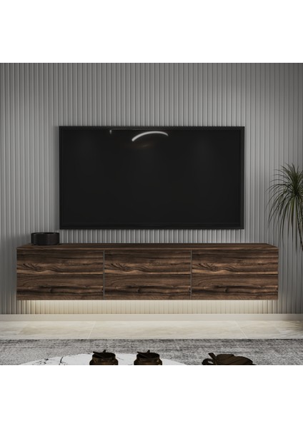 Neon LED Işıklı Duvara Monte,3 Kapaklı Tv Ünitesi,tv Sehpası Sandık Ceviz