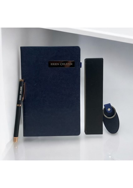 Kişiye Özel Kenar Boyalı Lacivert Defter Ismli & Kişiye Özel Roller Kalem & Anahtarlık Hediye Seti