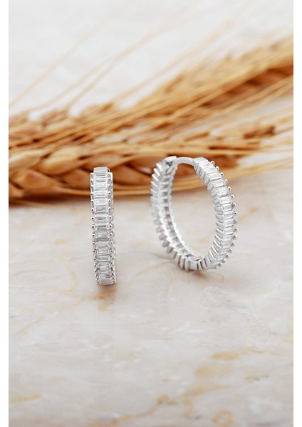 22 mm Baget Taşlı Büyük Boy Rodyumlu Gümüş Halka Küpe 7124