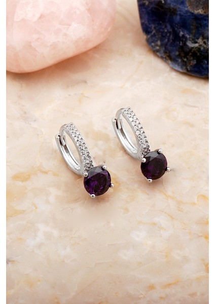 Ametist Taşlı Rodyumlu Gümüş Halka Küpe 7103