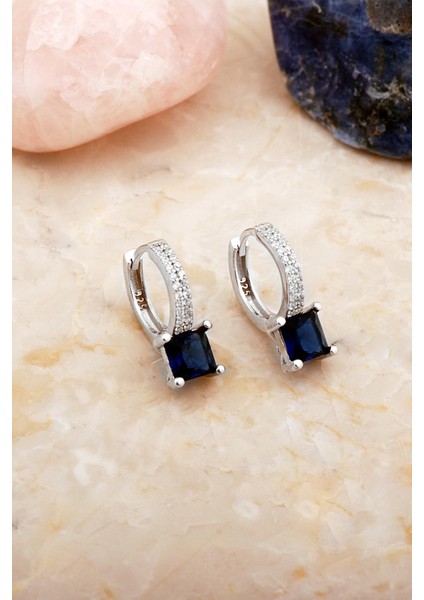 Safir Taşlı Rodyumlu Gümüş Halka Küpe 7102