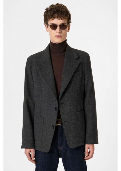 Antrasit Balıksırtı Desenli Oversize Erkek Blazer Ceket