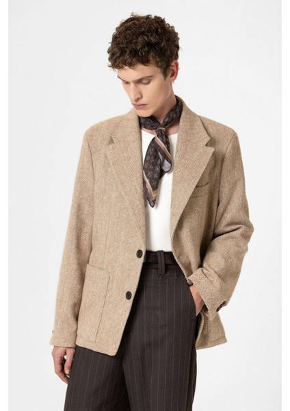 Bej Balıksırtı Desenli Oversize Erkek Blazer Ceket