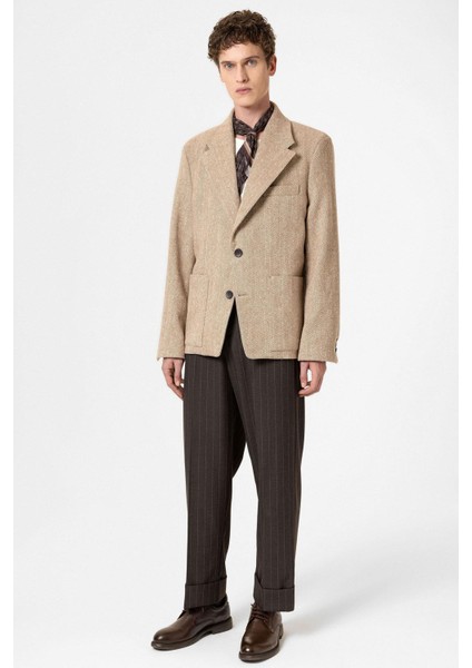 Bej Balıksırtı Desenli Oversize Erkek Blazer Ceket