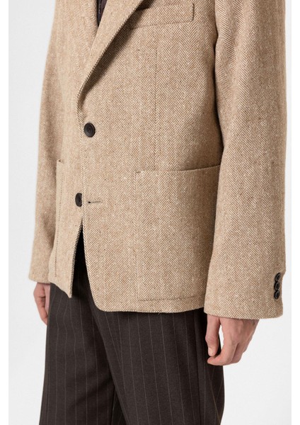 Bej Balıksırtı Desenli Oversize Erkek Blazer Ceket