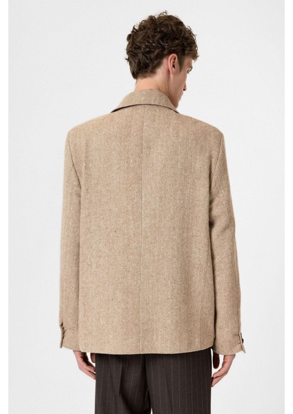 Bej Balıksırtı Desenli Oversize Erkek Blazer Ceket